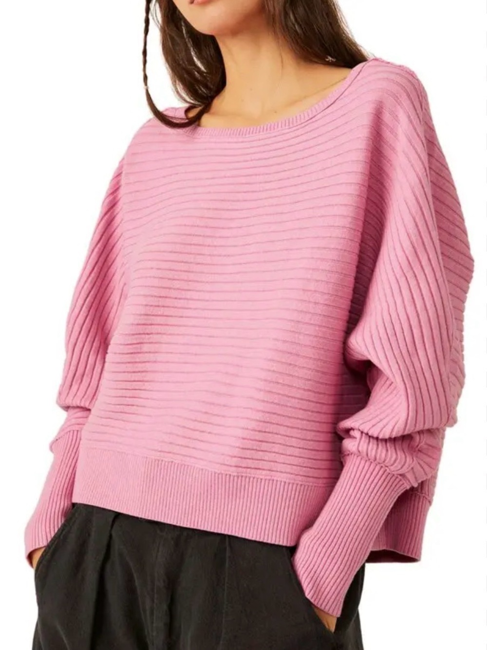 Free People Pink Oversized Ribbed Boatneck Sweater